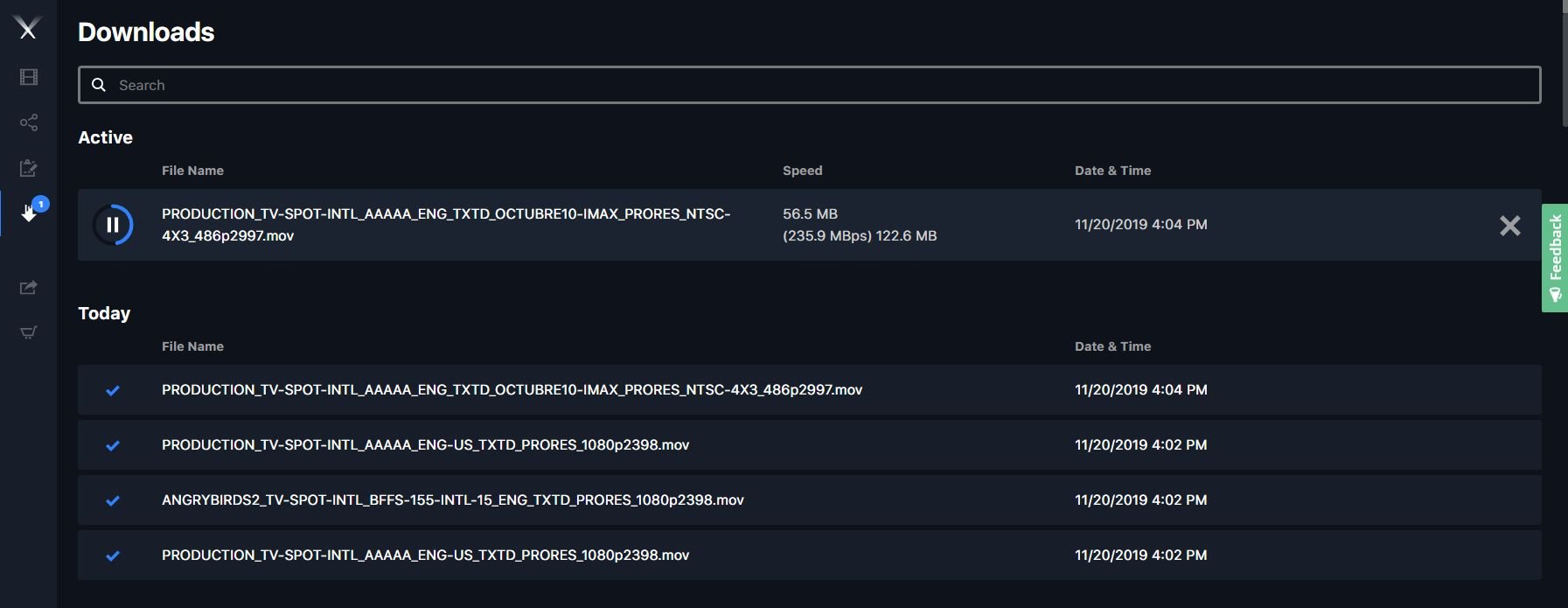 The Download Manager showing active and completed transfers