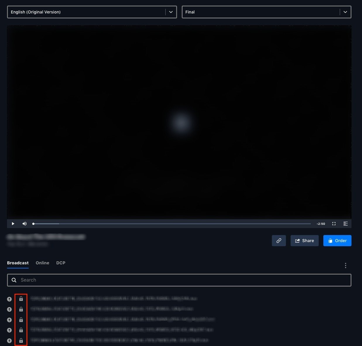 An asset's file list with padlock icons on embargoed files