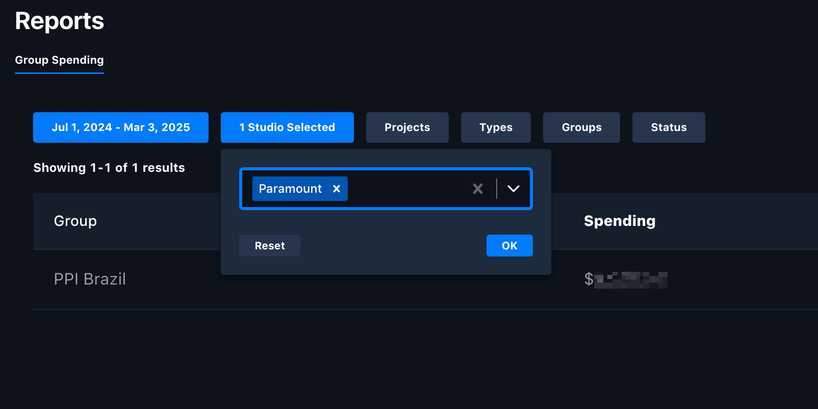 Filtering Group Spending by studio