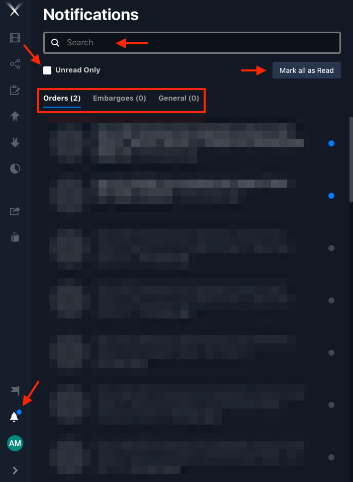 The in-app Notifications panel with Orders, Embargoes, and General tabs