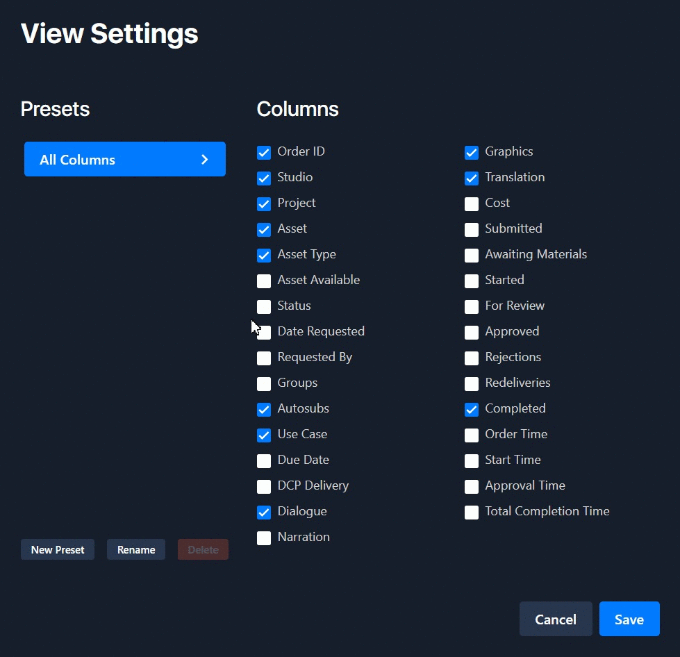 Choosing visible columns in View Settings