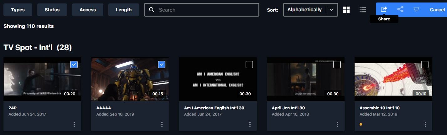 Batch-selecting multiple asset thumbnails and sharing them together