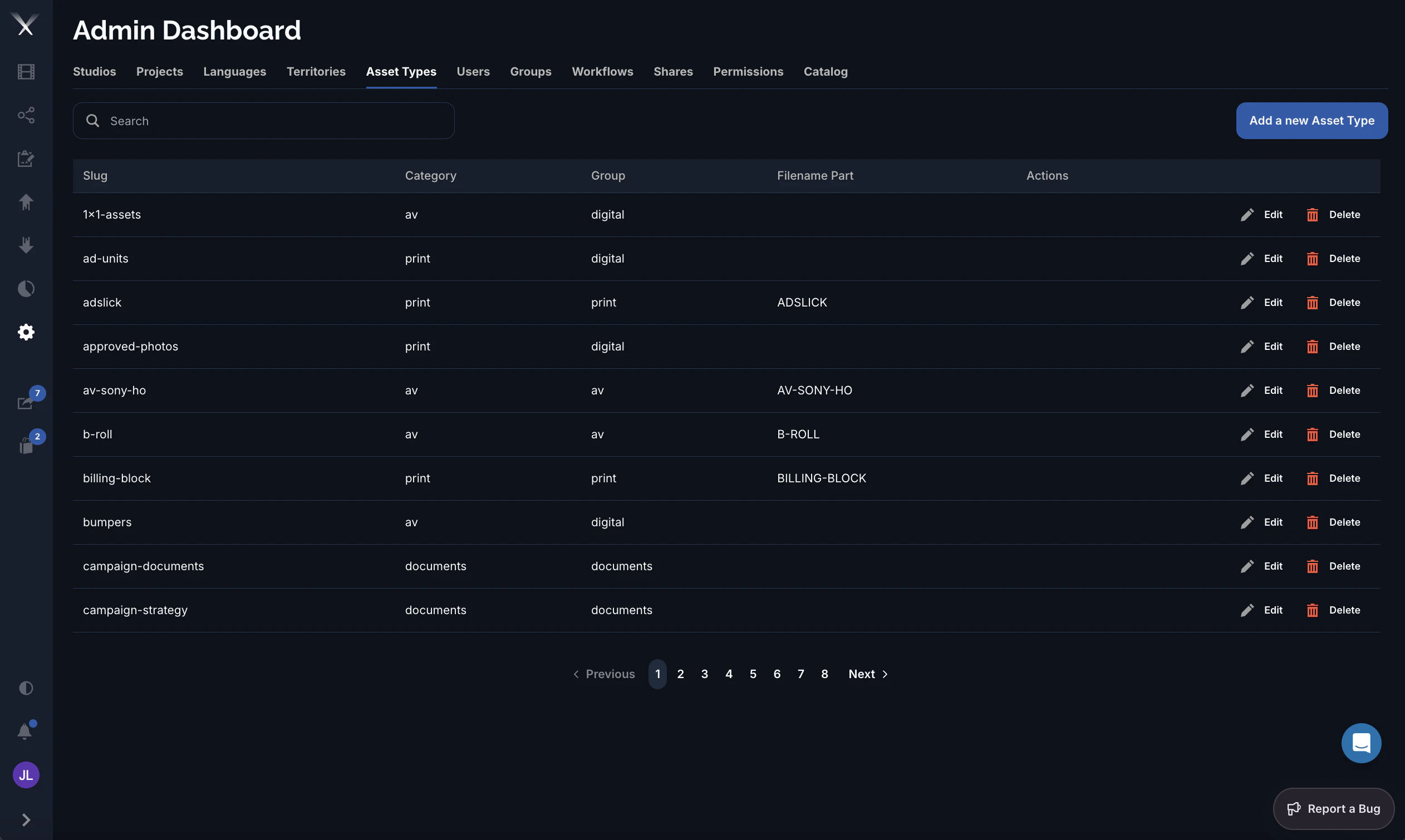 The Admin Dashboard Asset Types tab listing asset types with slug, category, group, and filename part