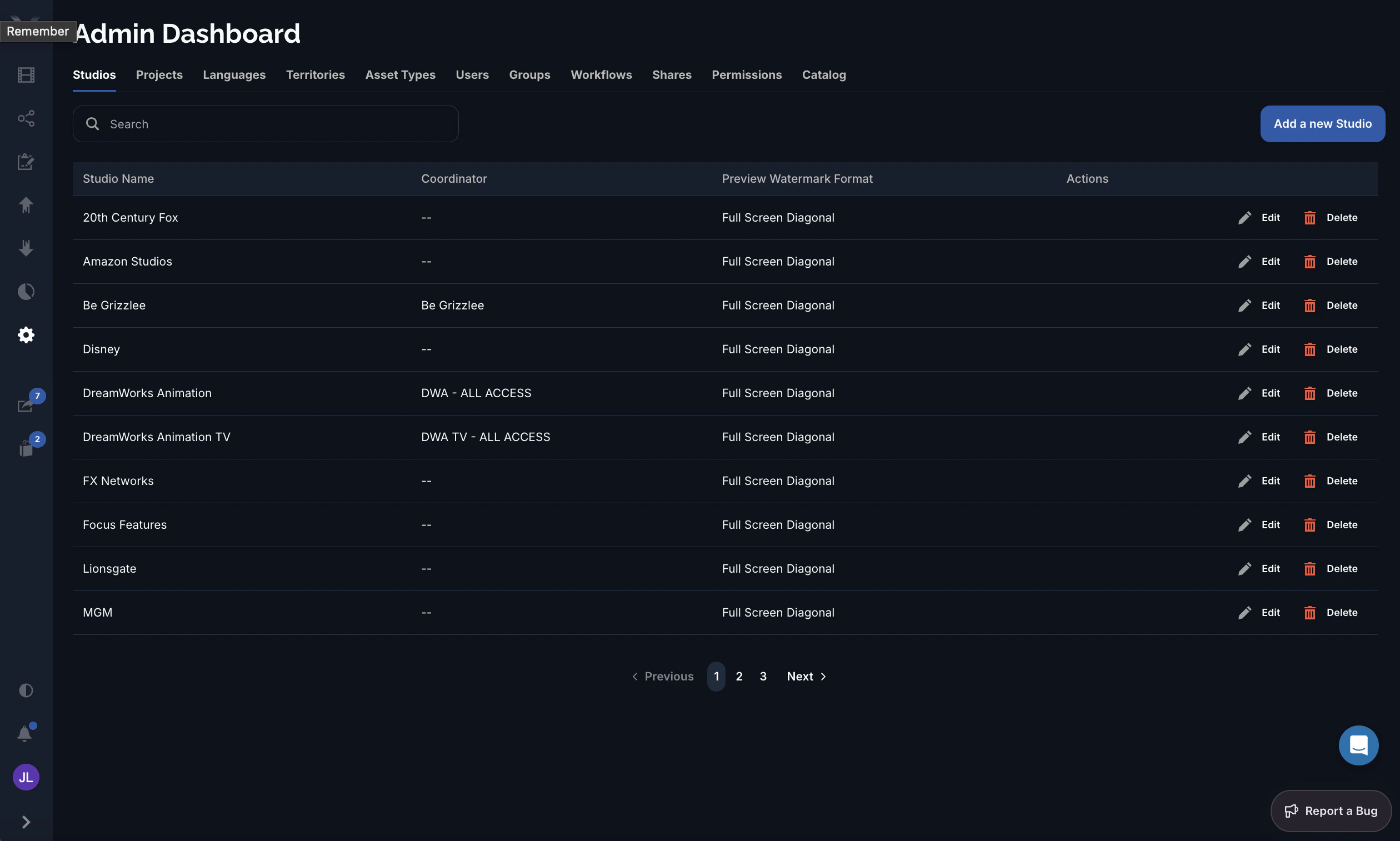 The Admin Dashboard Studios tab listing studios