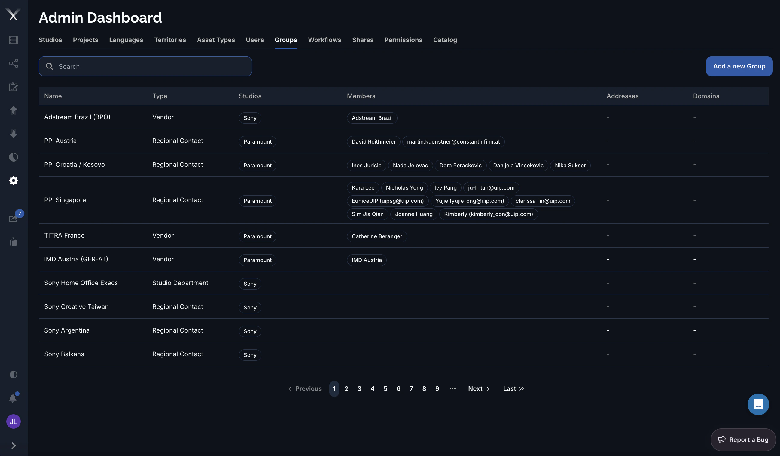 The Admin Dashboard Groups tab listing groups with type, studios, and members