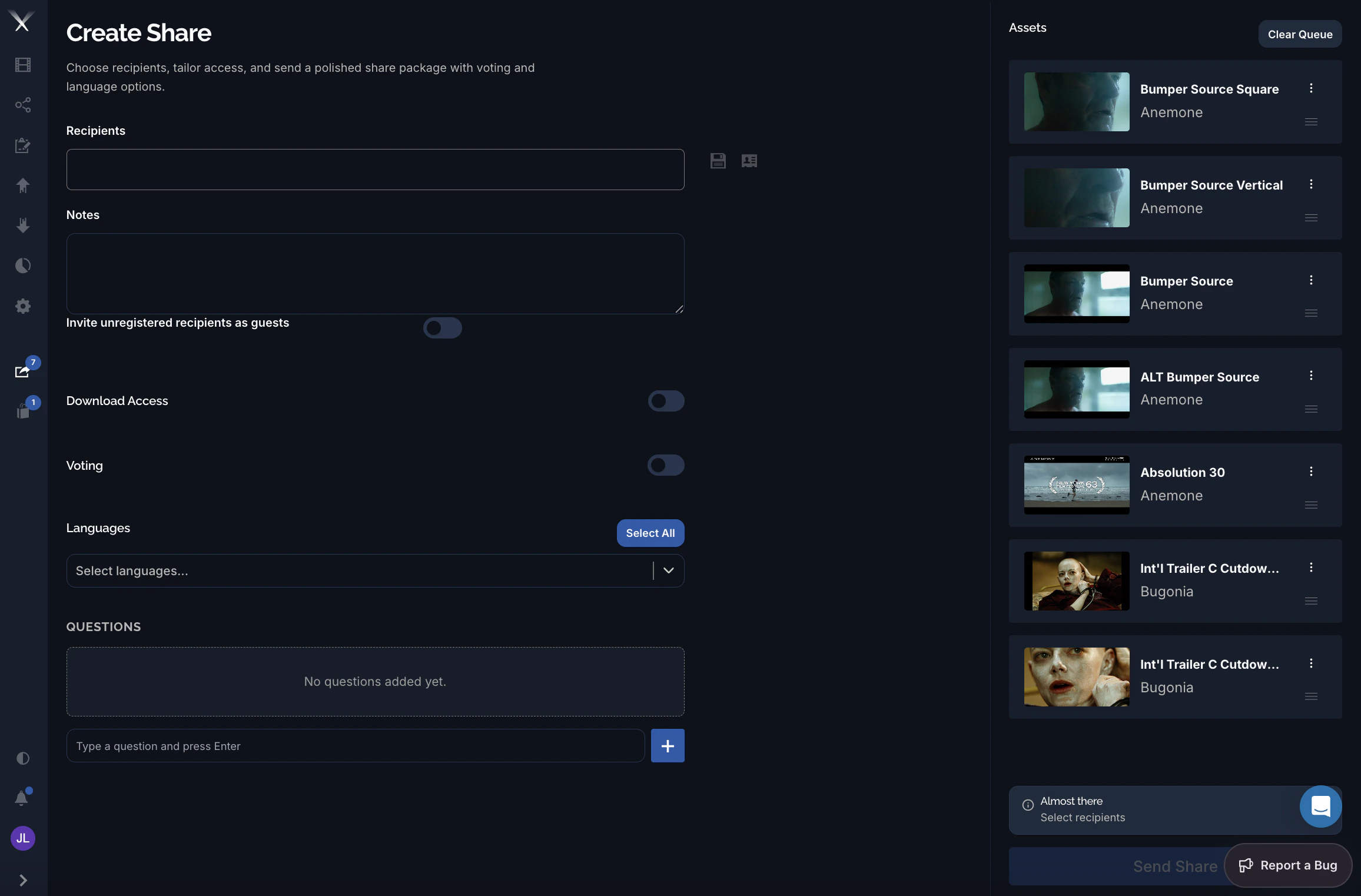 The Create Share page with recipient, access, and language options and the queued assets panel