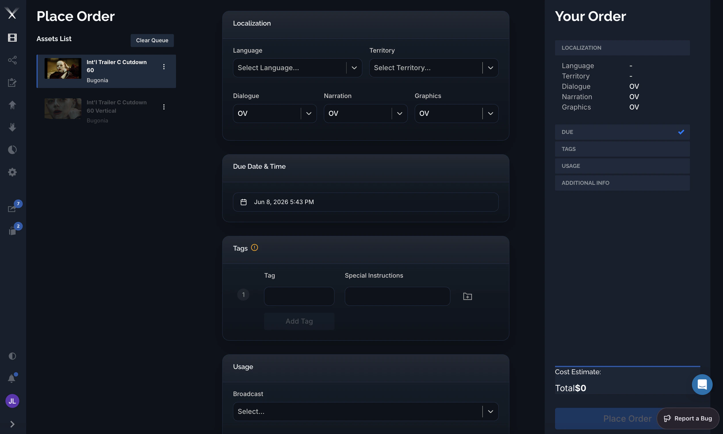 The Place Order page with localization, due date, tags, and usage fields and an order summary