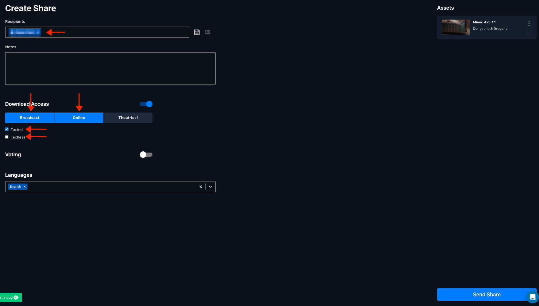 The Create Share form showing recipients, download access, voting, and languages