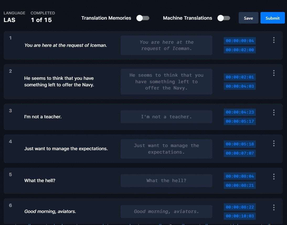 Stored translations auto-populating cells in the subtitler