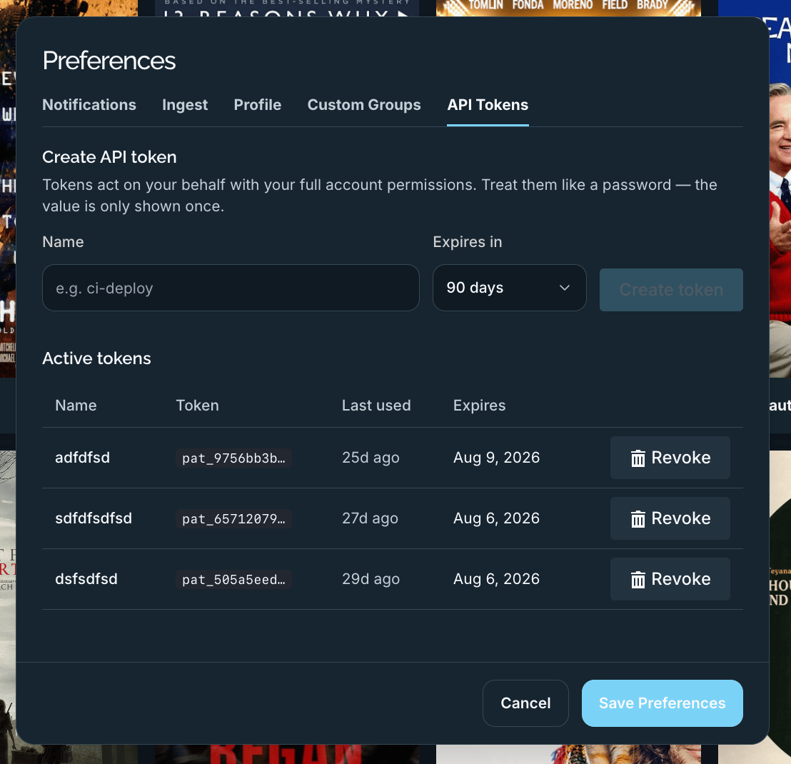The Preferences API Tokens tab with a create form and a table of active tokens