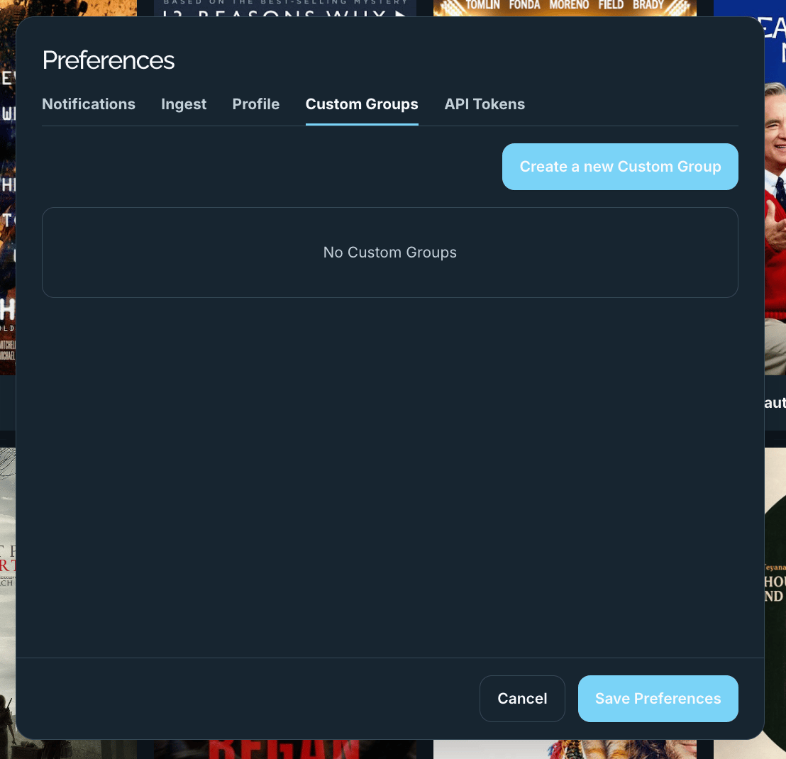 The Preferences Custom Groups tab with a Create a new Custom Group button and empty state