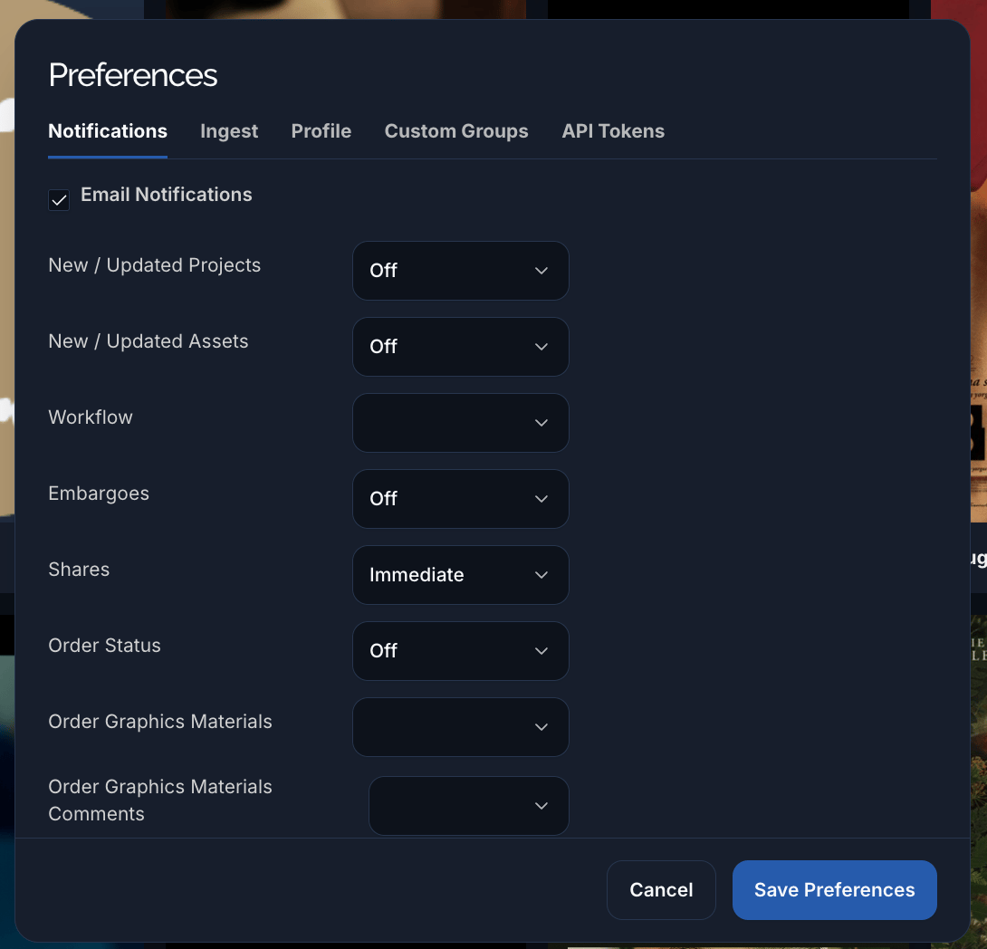 The Preferences Notifications tab with per-event email frequency dropdowns