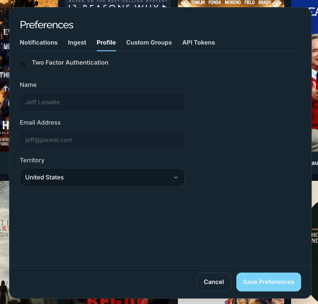 The Preferences Profile tab with 2FA, name, email, and territory