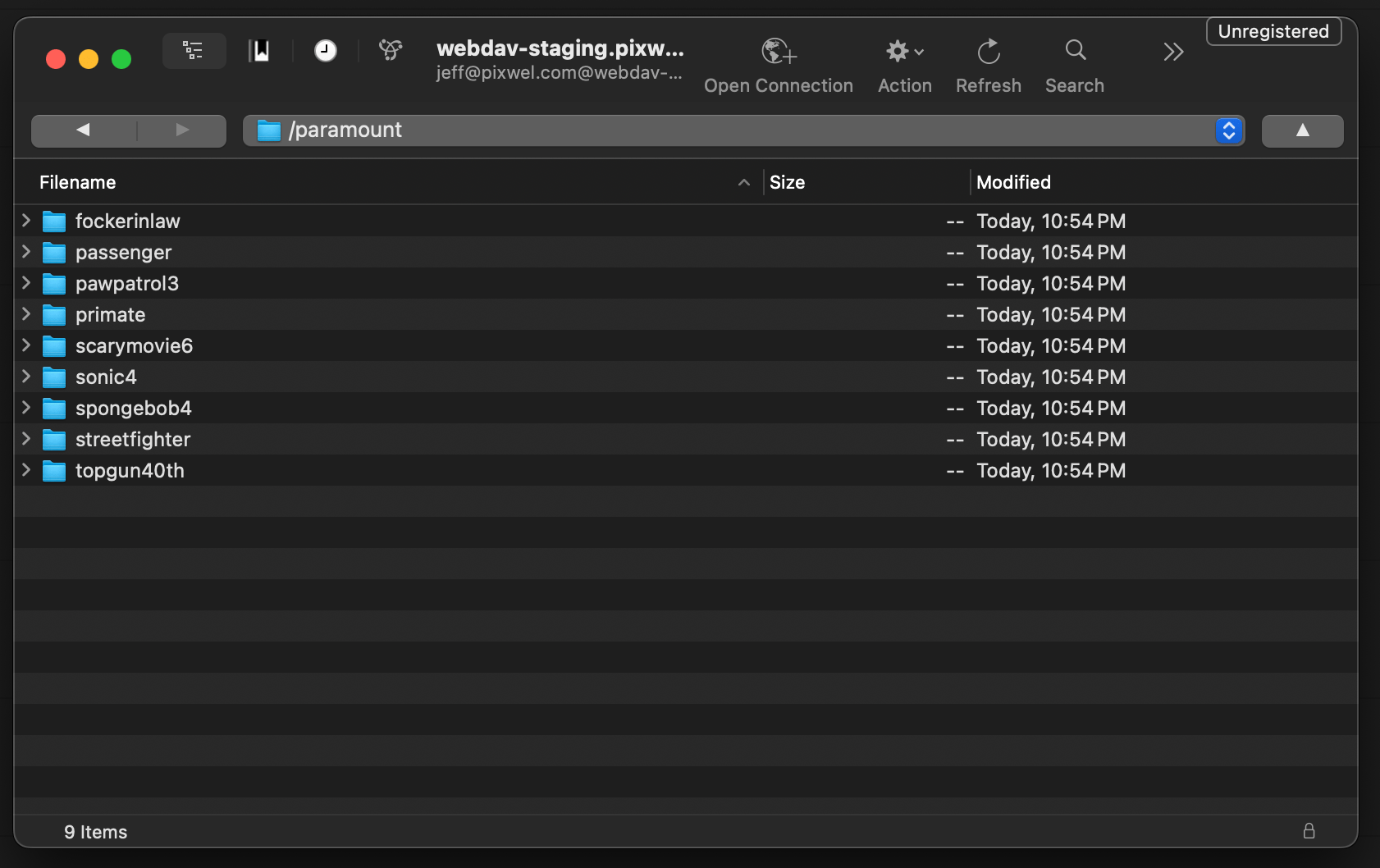 A Pixwel studio mounted over WebDAV, showing project folders in a file browser