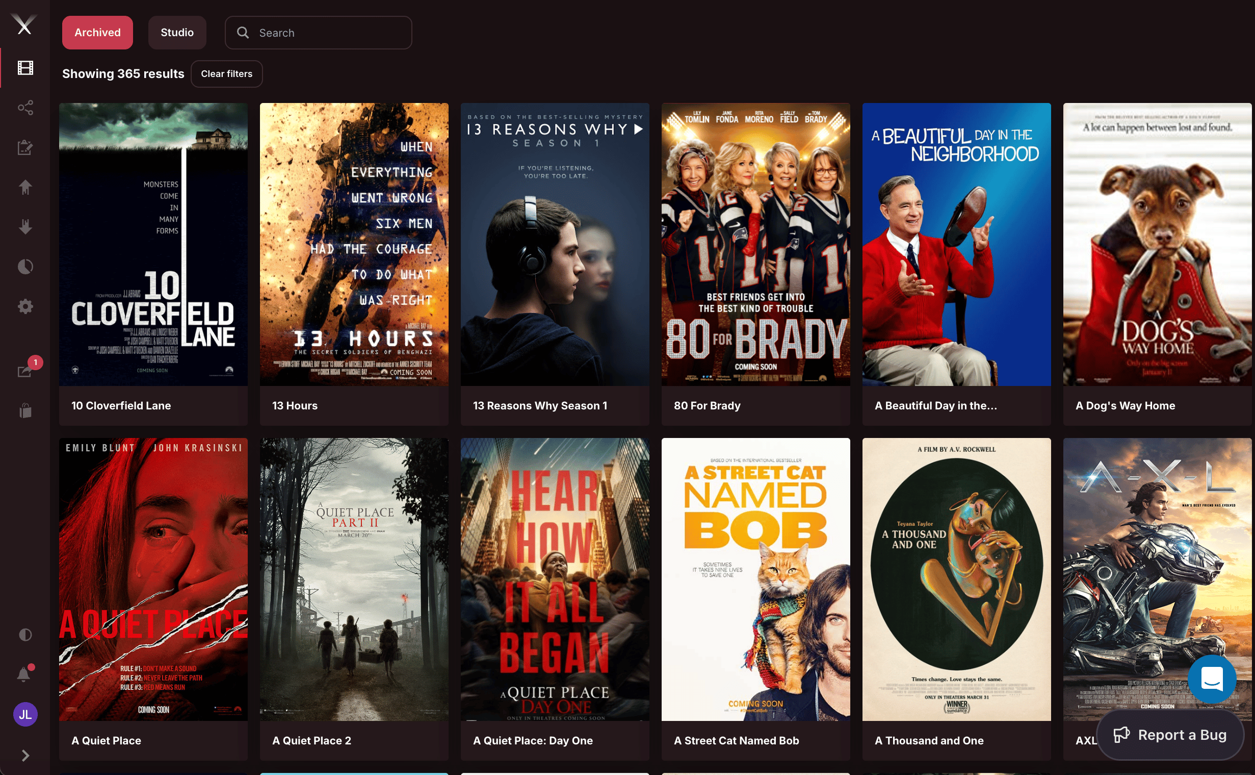 The Pixwel v4 project browser showing a grid of film poster thumbnails with search and filters