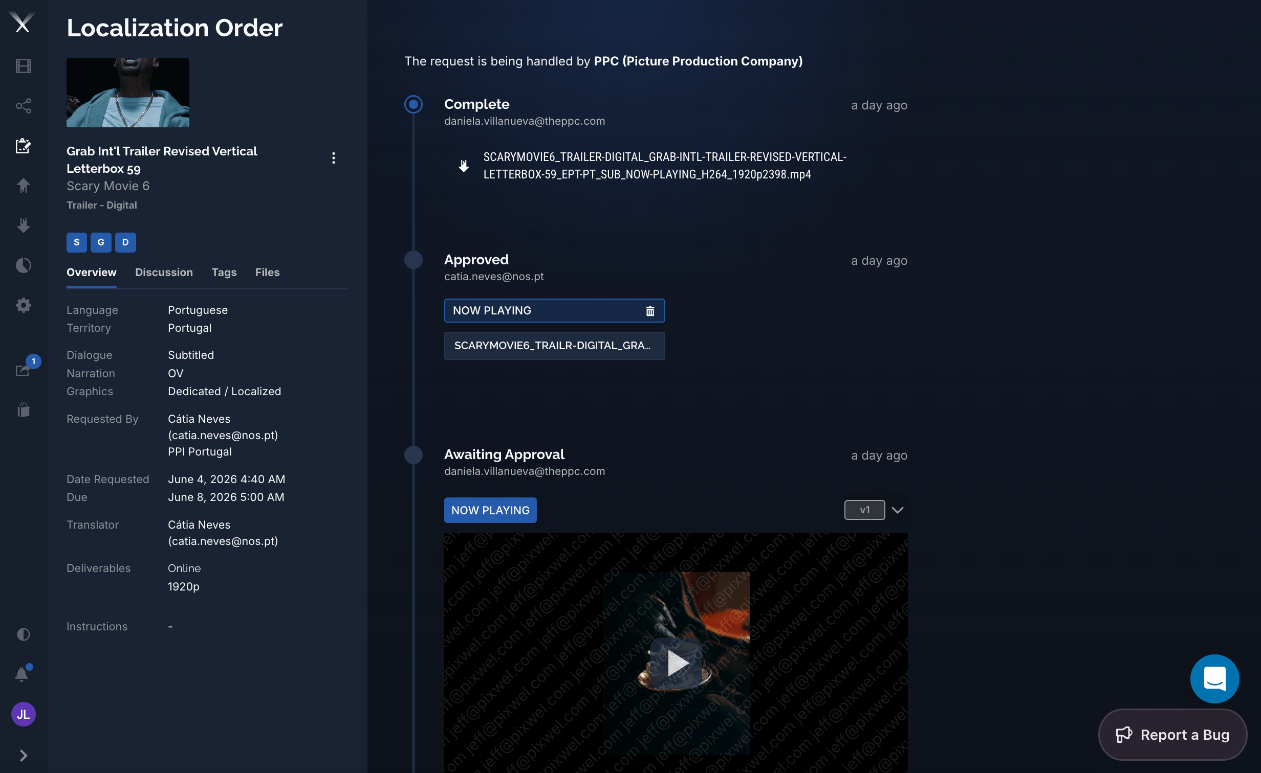 A work request timeline showing Complete, Approved, and Awaiting Approval stages with files, tags, and a preview player