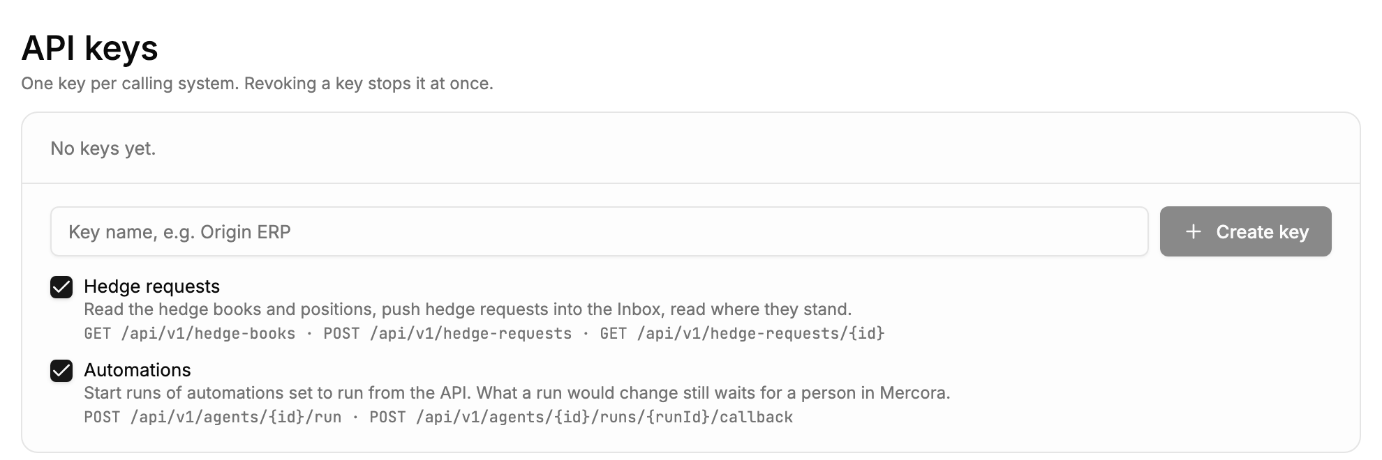 The API keys section of Settings → API