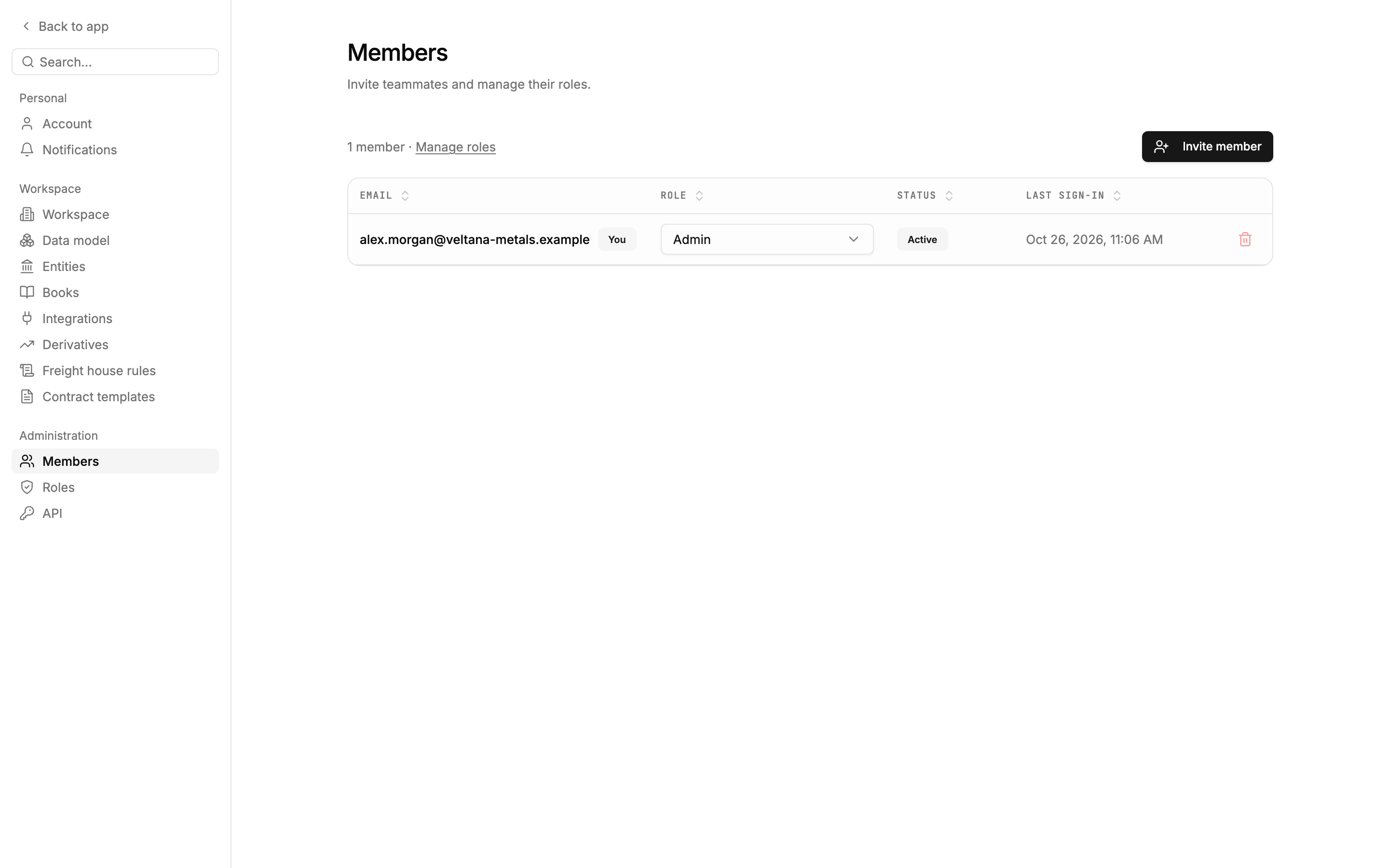 Settings → Members with the members table and Invite member