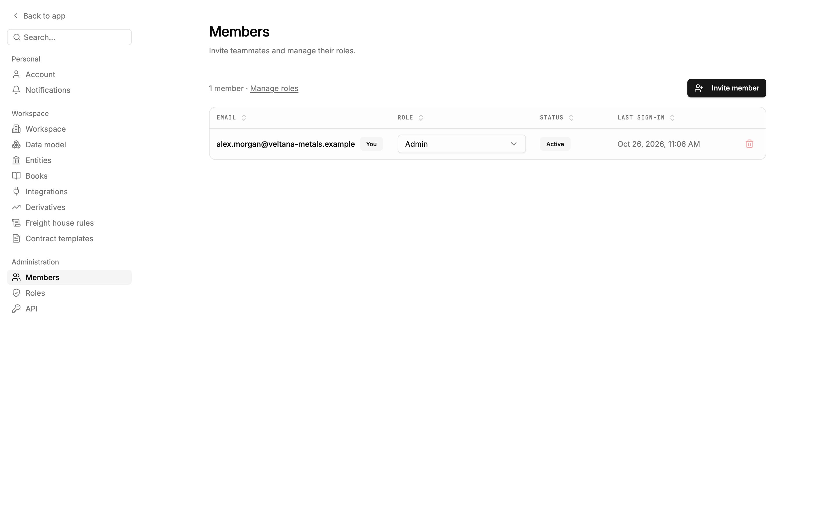 Settings → Members with the members table and Invite member