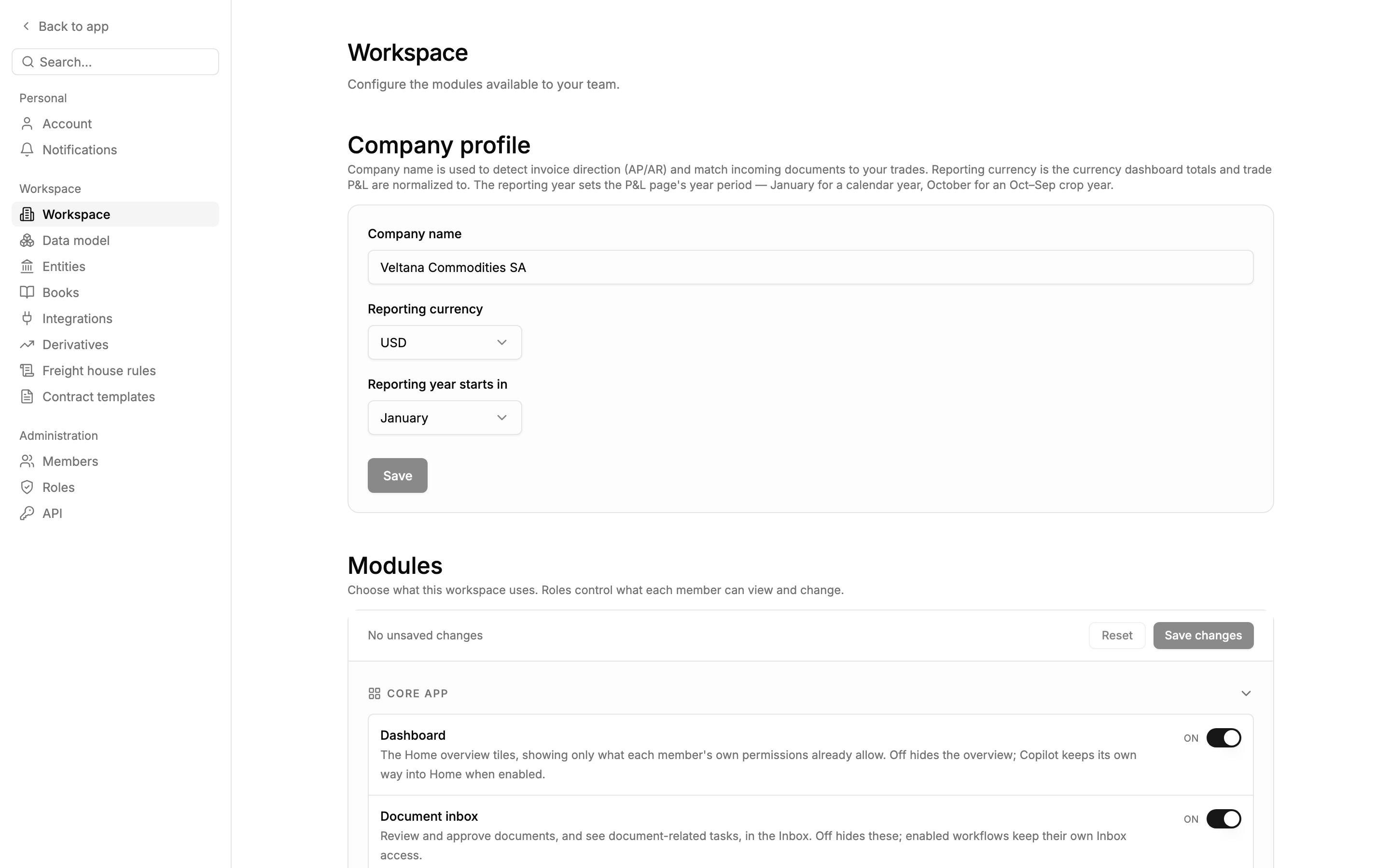 Settings → Workspace with the Company profile card above the Modules list