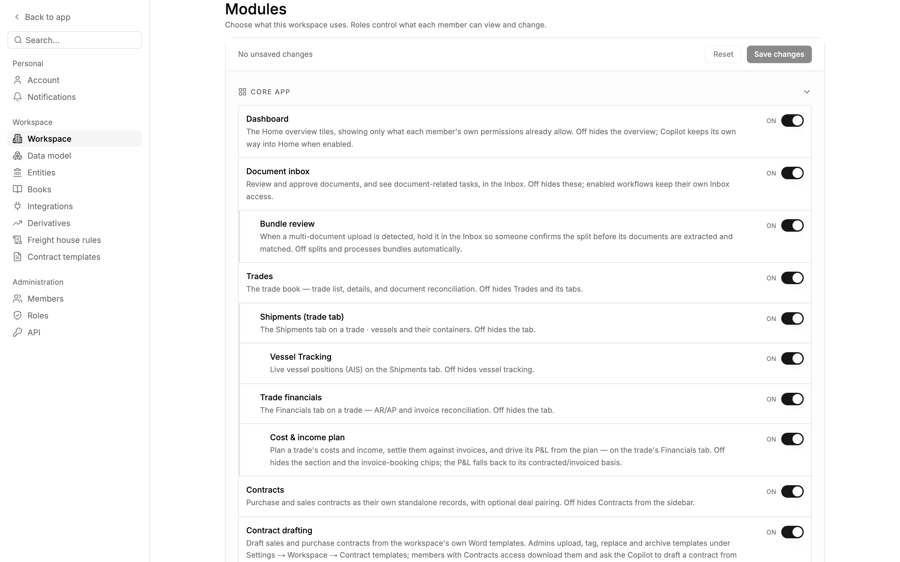 The Modules list with the Core app group and modules nested under Trades