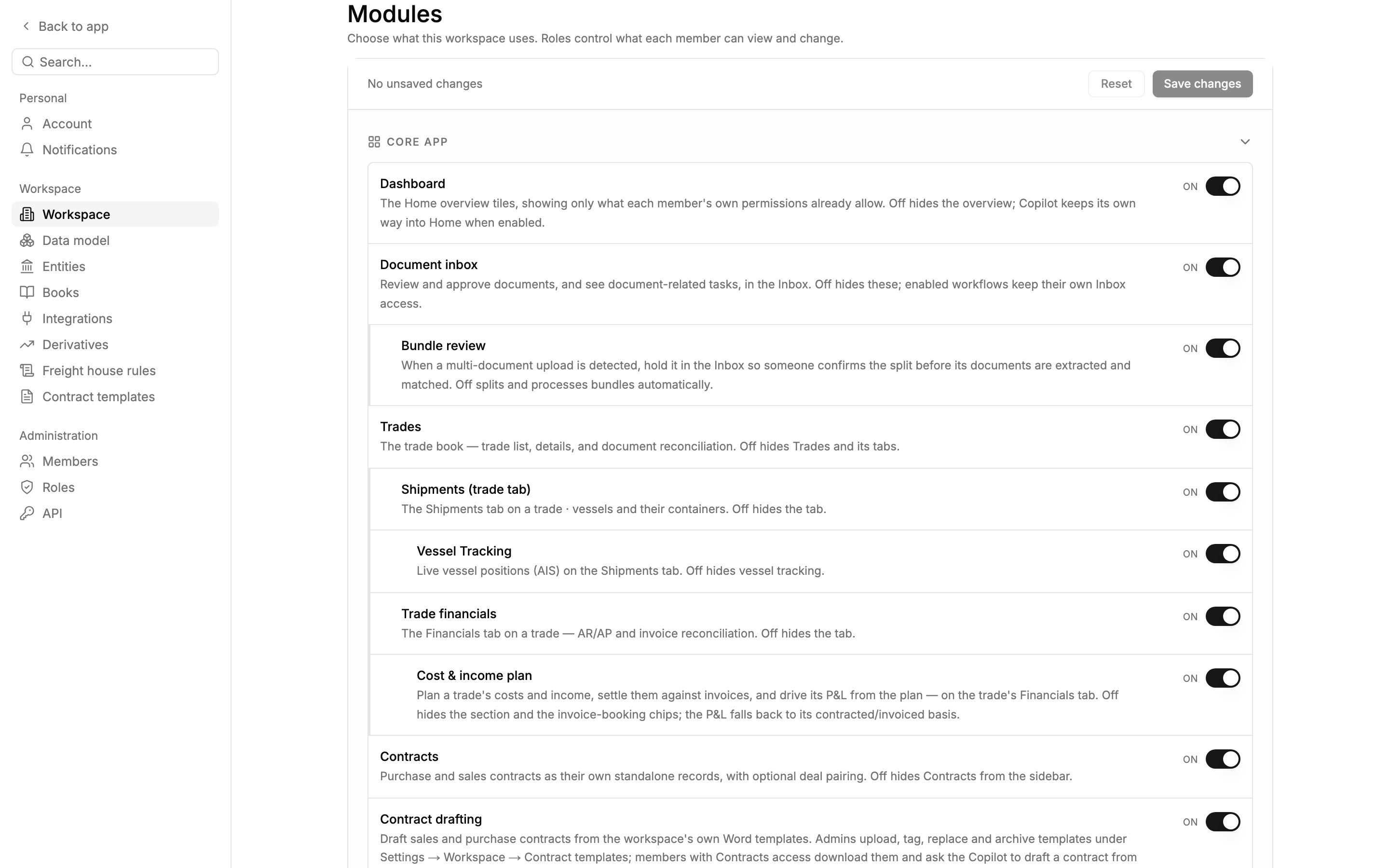 The Modules list with the Core app group and modules nested under Trades
