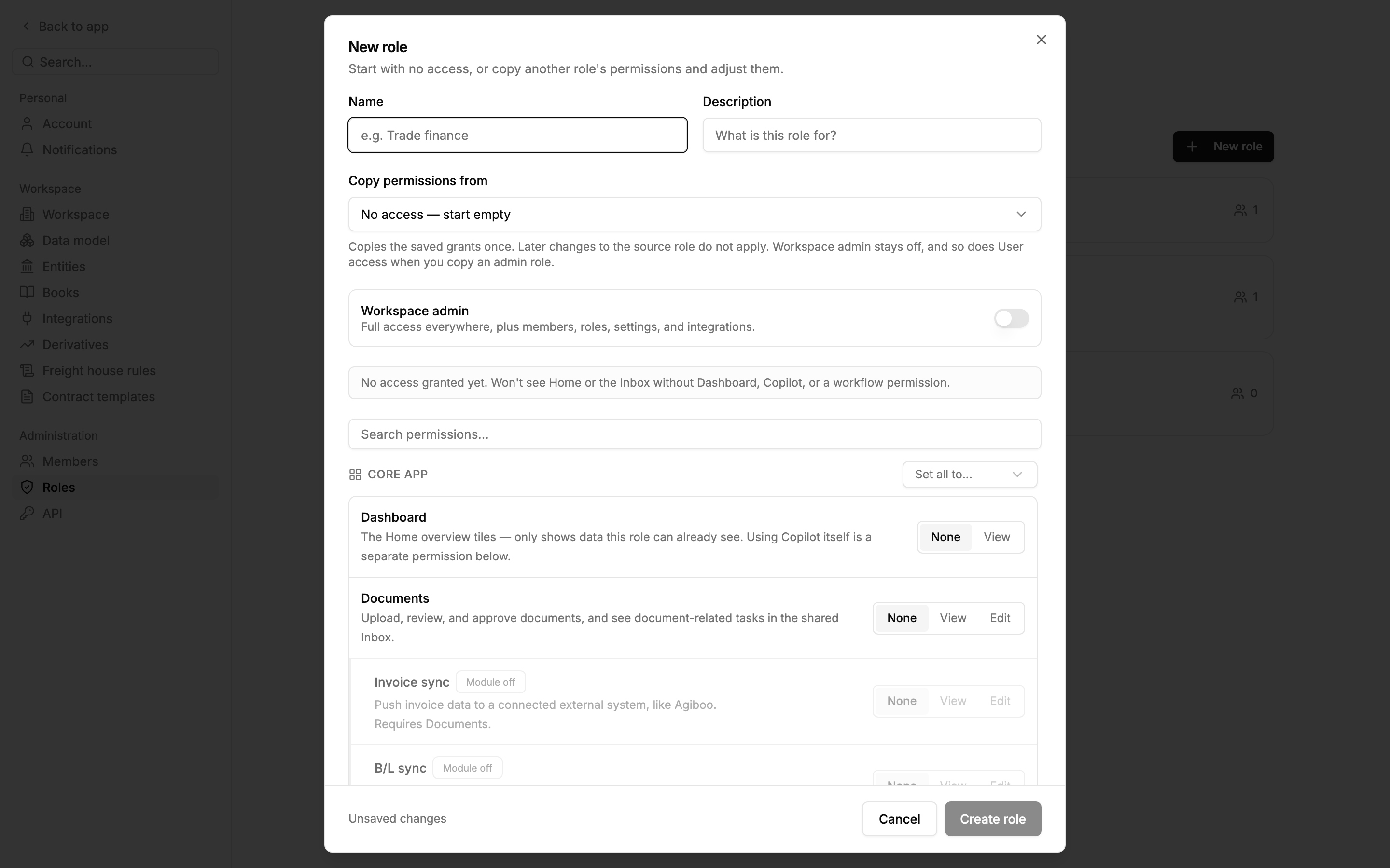 The New role dialog with the permission grid