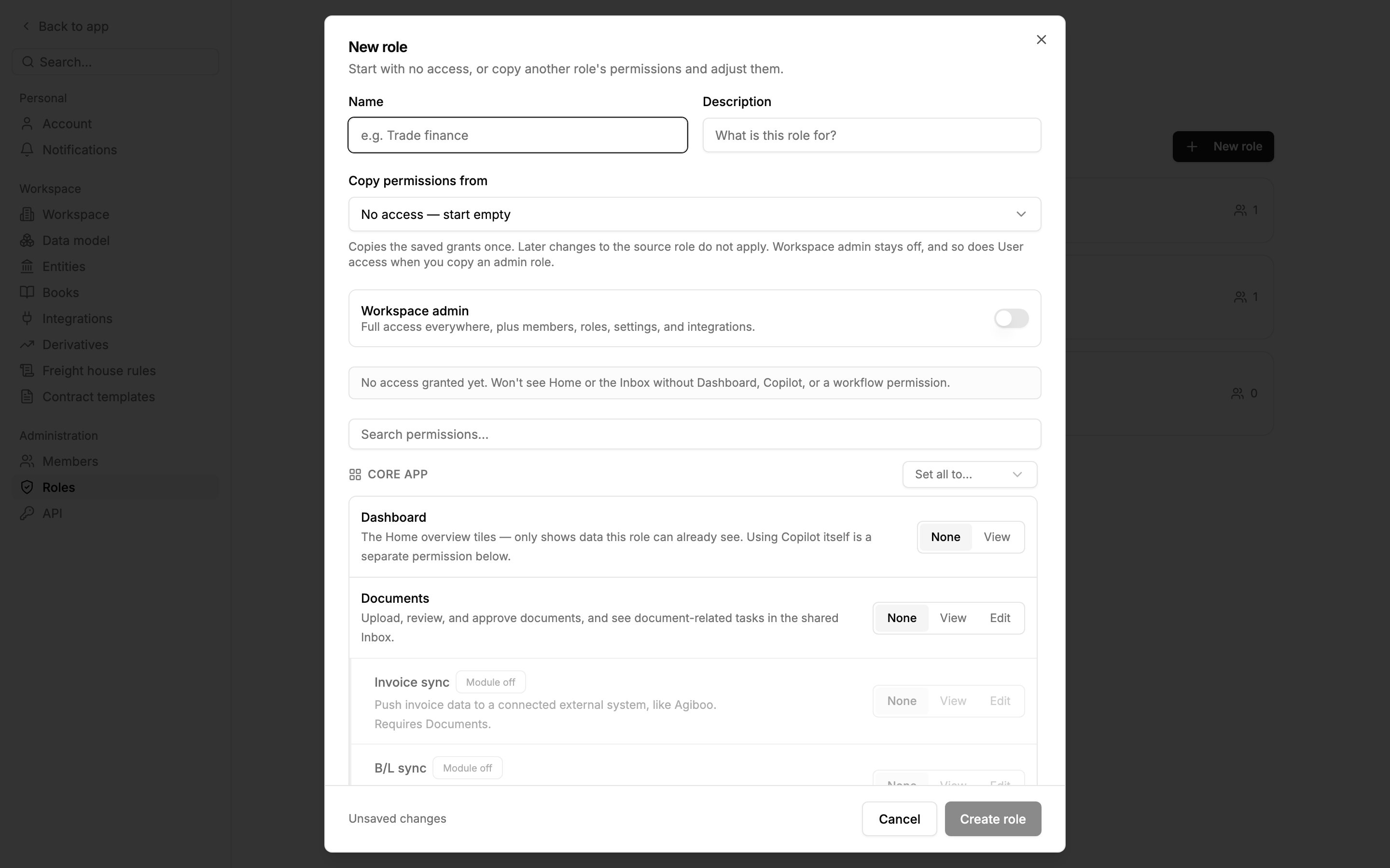 The New role dialog with the permission grid