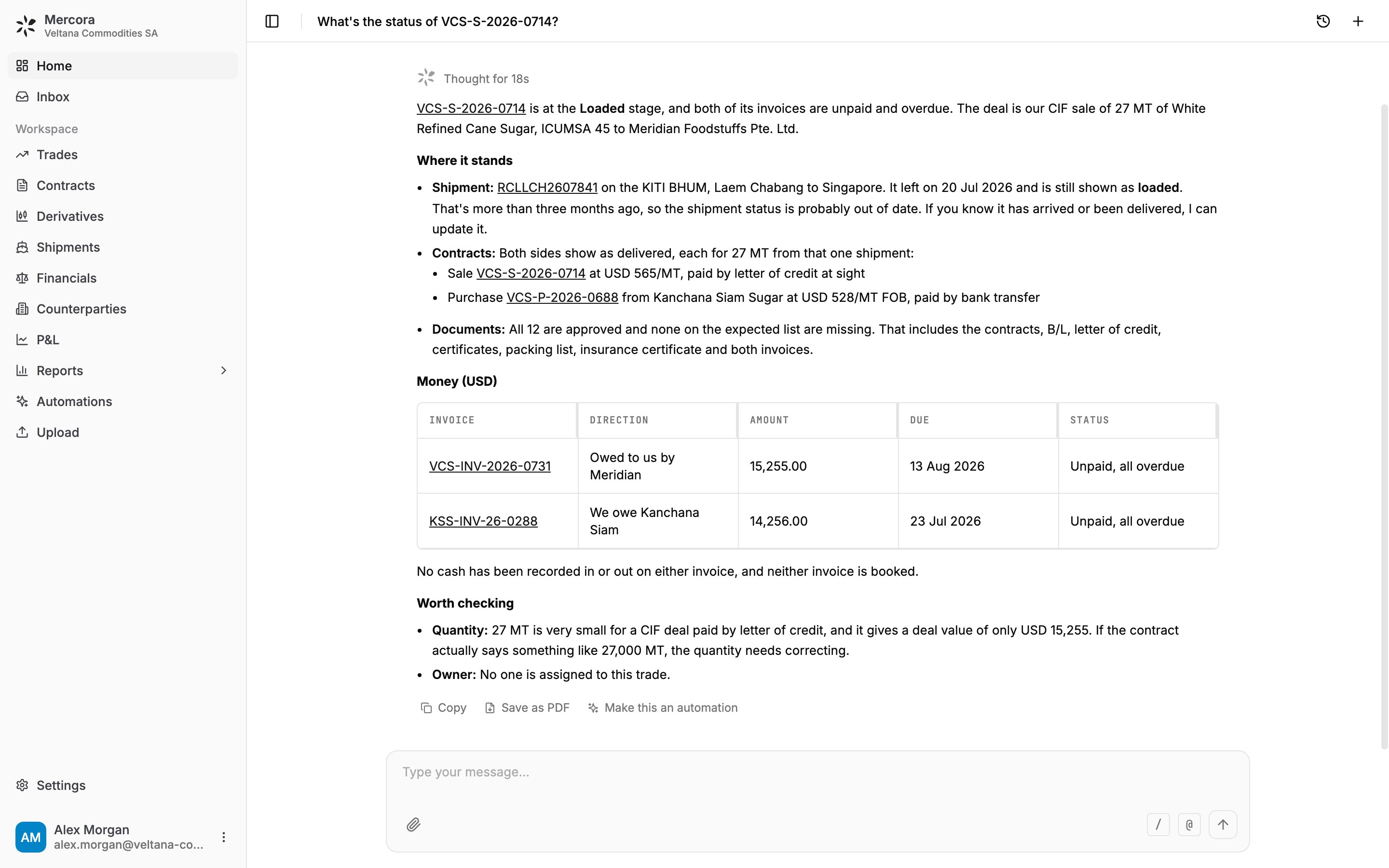 A Copilot answer about trade VCS-S-2026-0714 with its shipment, contracts, documents and a Money table