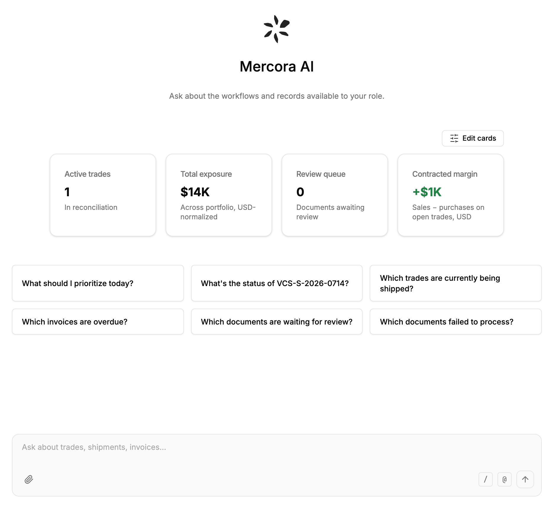 Home with the Mercora AI title, overview cards, six suggested questions and the message box