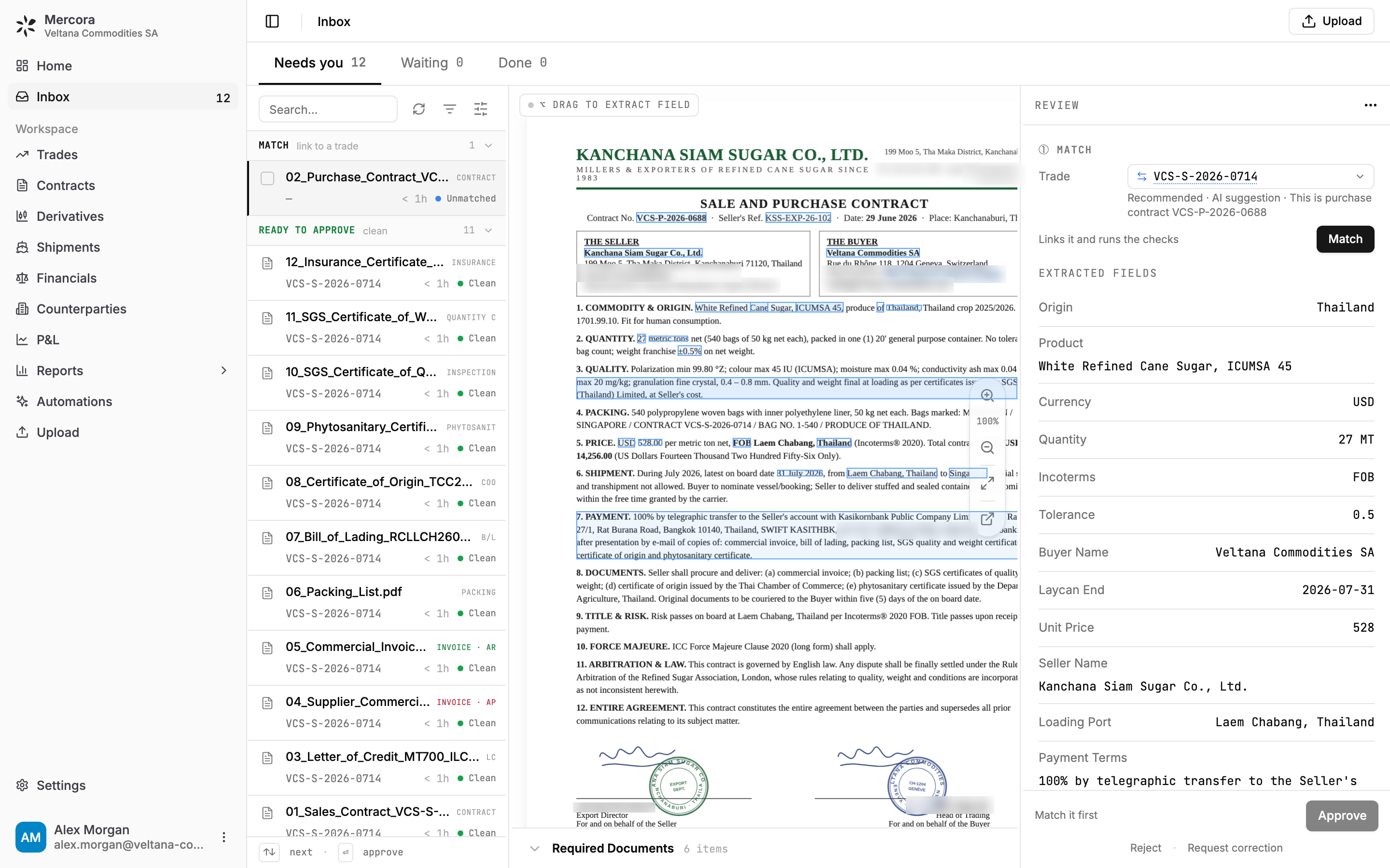 Mercora Inbox with documents for trade VCS-S-2026-0714, a contract open beside its extracted fields, and the Match and Approve controls