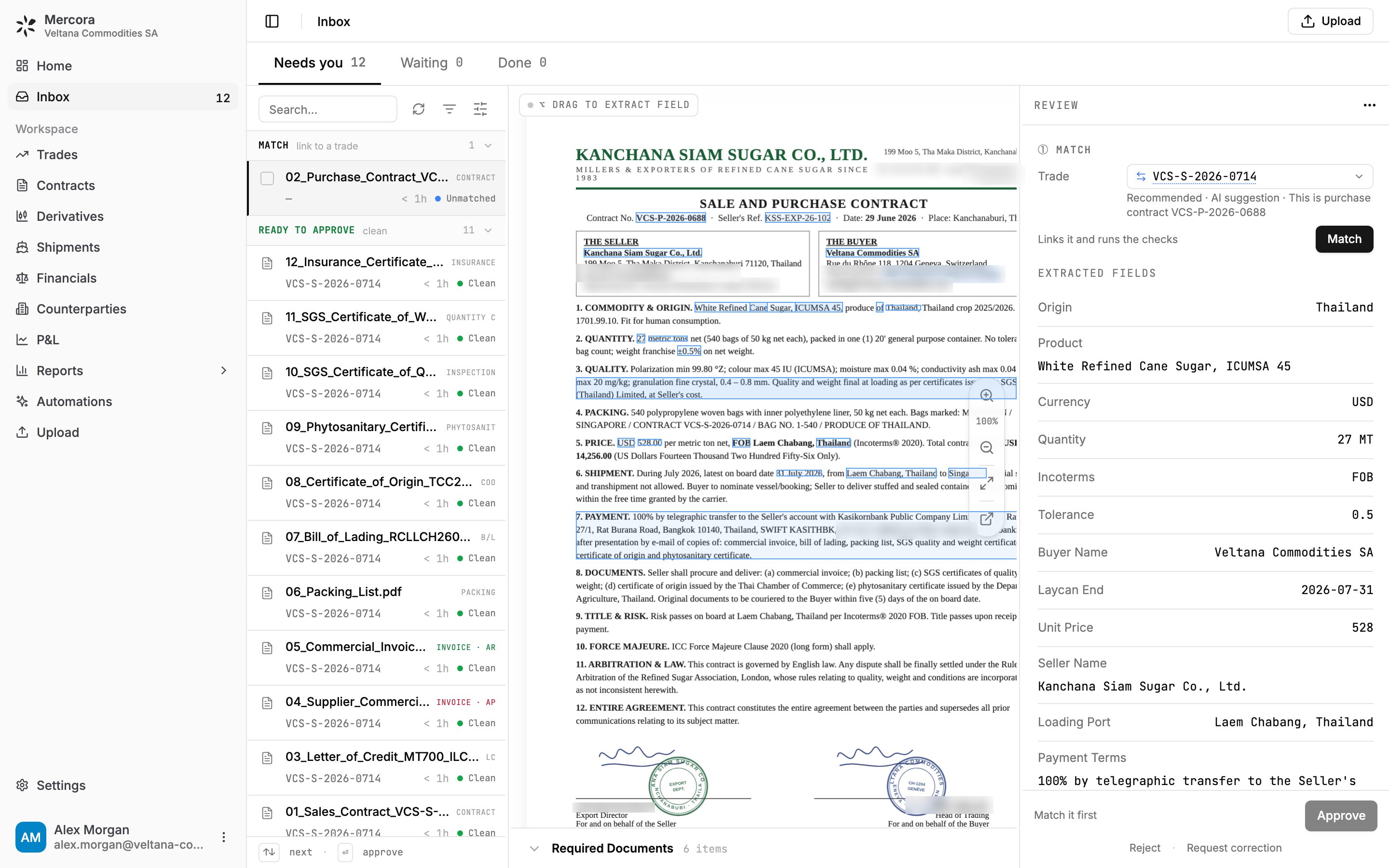 Mercora Inbox with documents for trade VCS-S-2026-0714, a contract open beside its extracted fields, and the Match and Approve controls