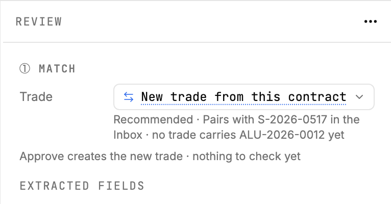 The Match step recommending a new trade from a contract