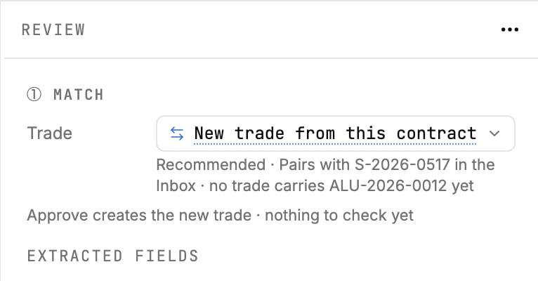 The Match step recommending a new trade from a contract