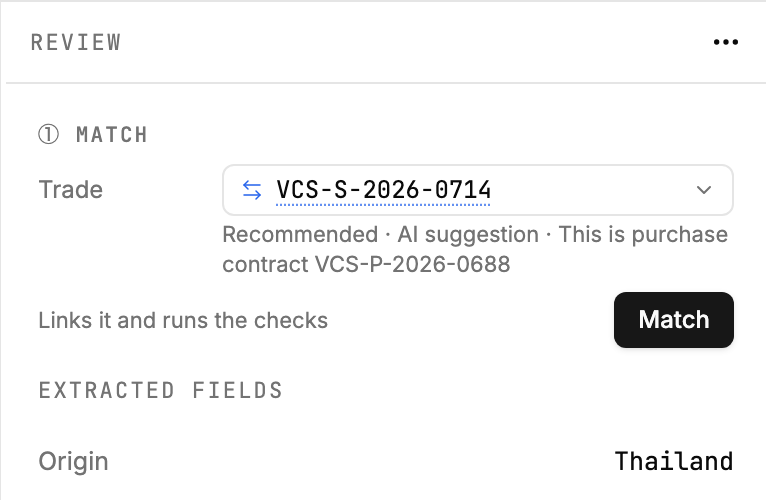 The Match step with a recommended trade and the Match button
