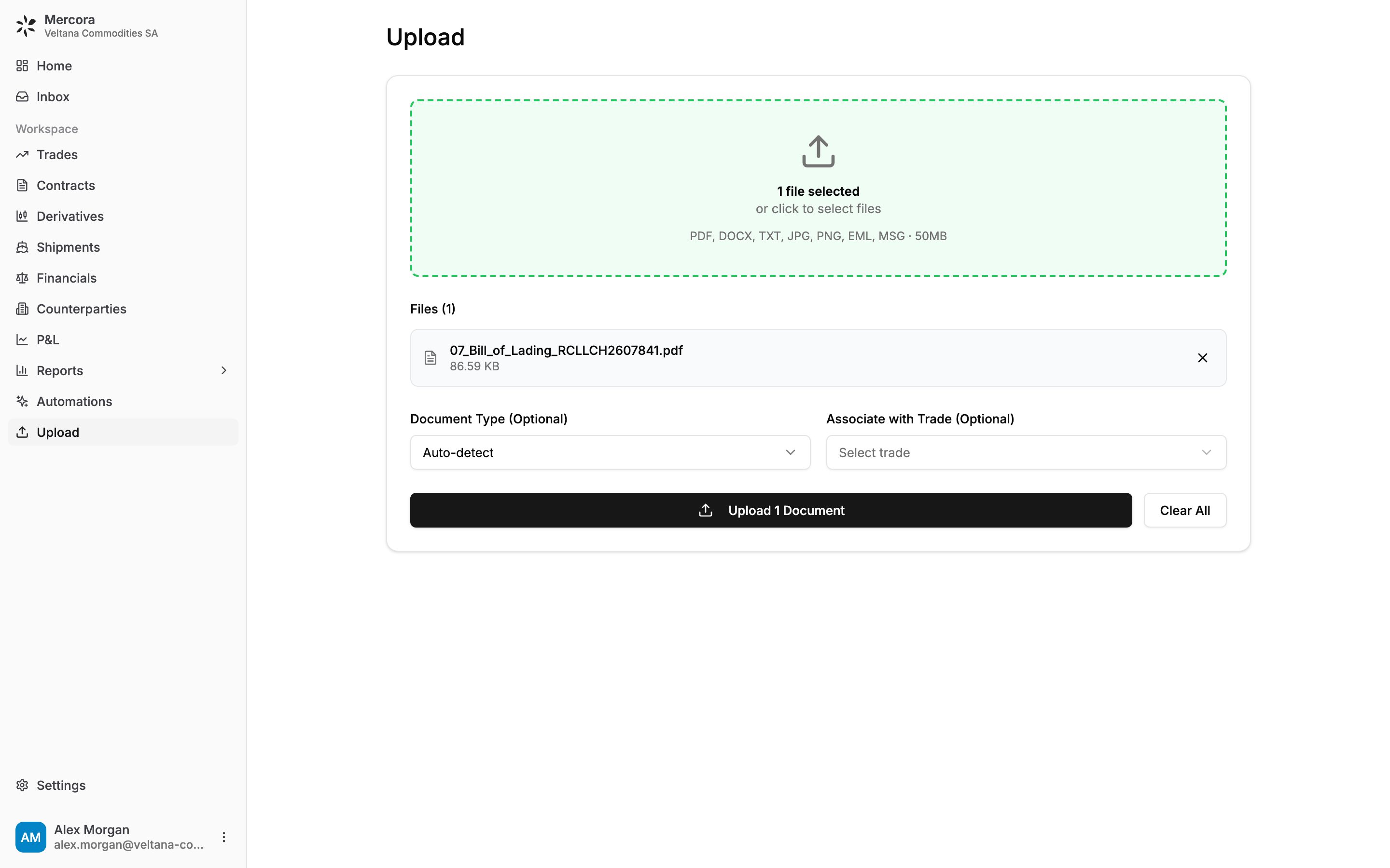 The Upload page with a file ready to upload
