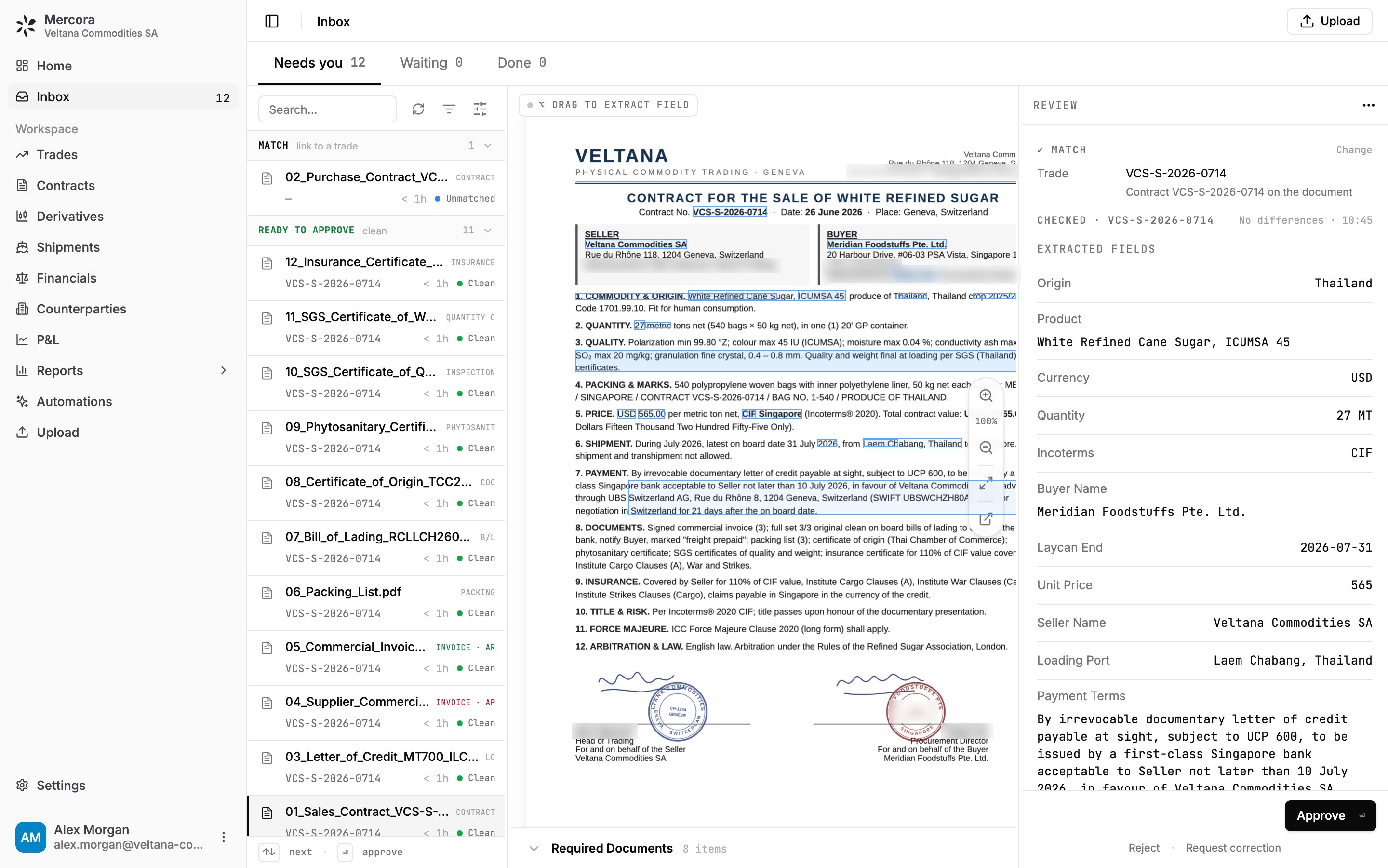 A sales contract open for review in the Inbox