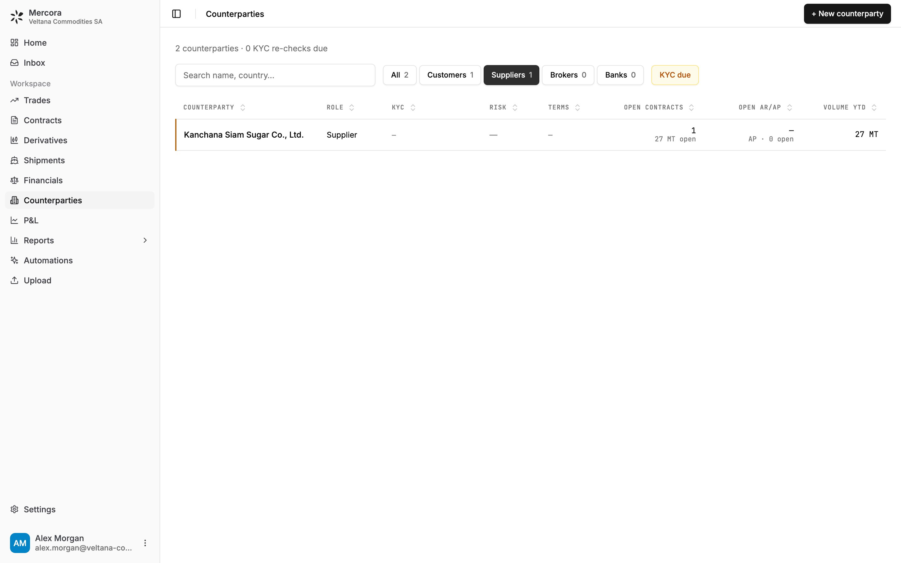 The Counterparties list on the Suppliers tab with the role tabs, the KYC due filter and the + New counterparty button