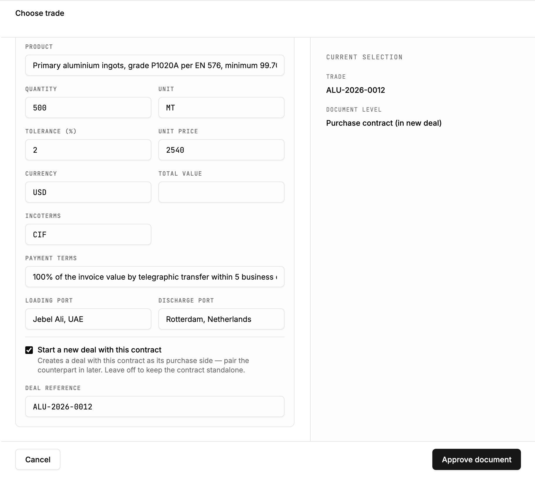 The new-deal option on the create-contract form