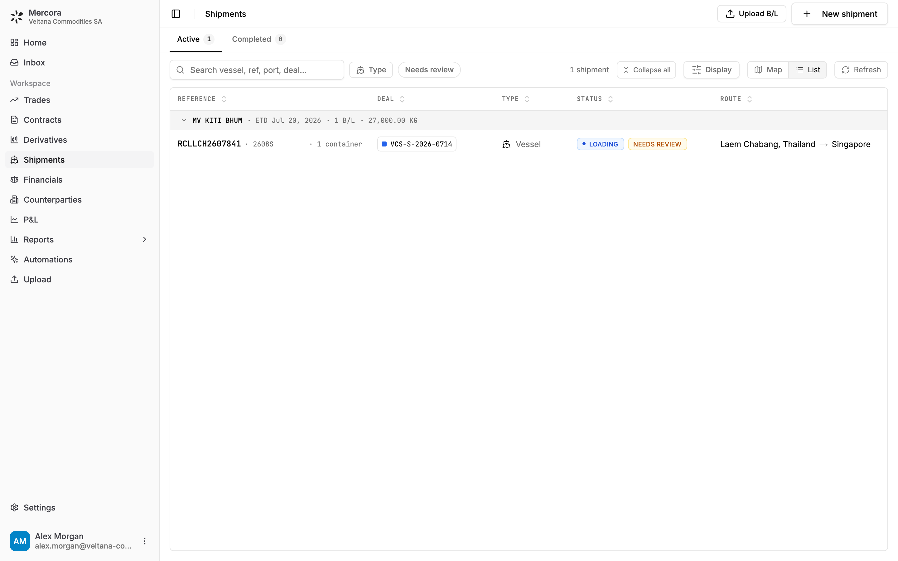 The Shipments page in List view