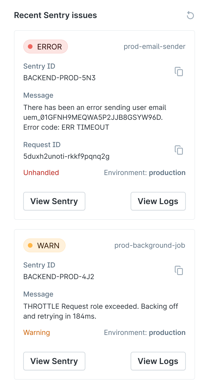 Customer cards: example sentry