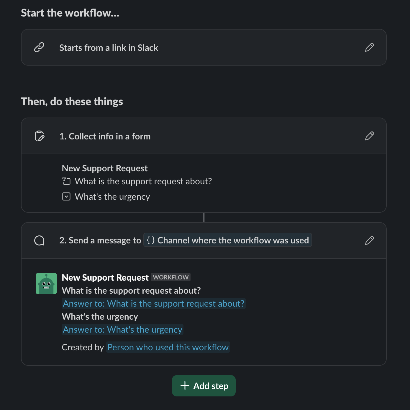 Slack workflow forms, step 1