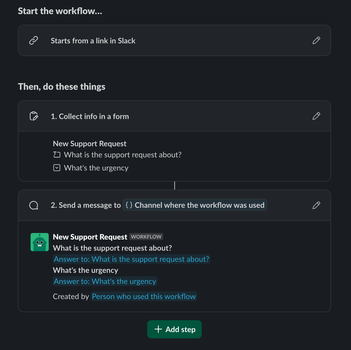 Slack workflow forms, step 1