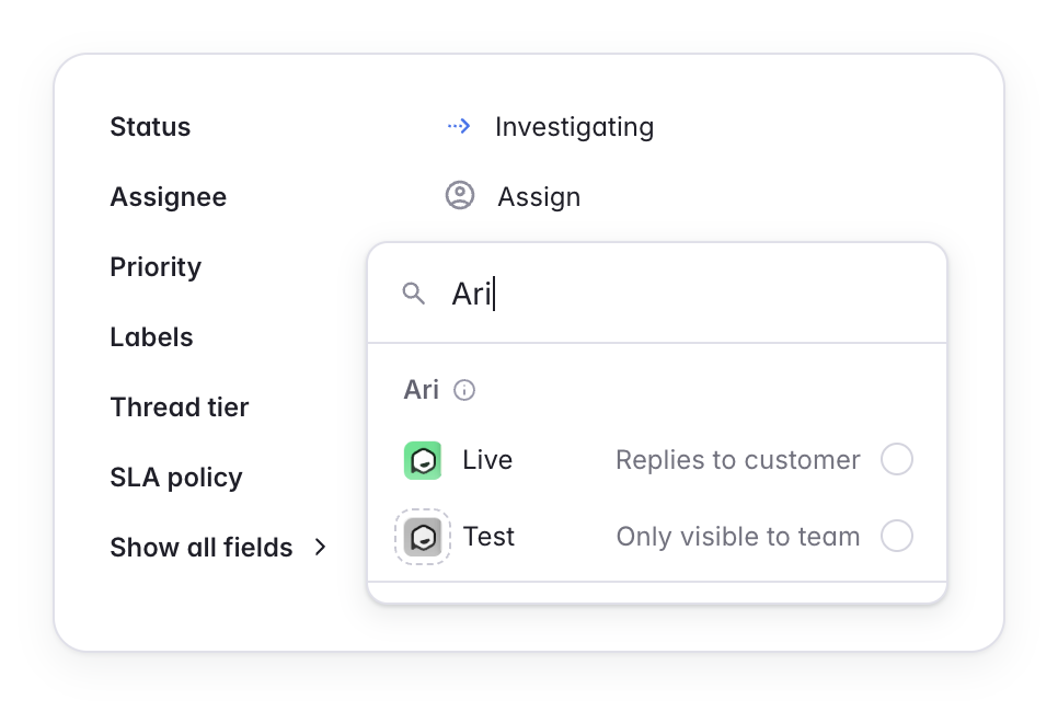 Choosing Live or Test for Ari in a thread's assignee picker