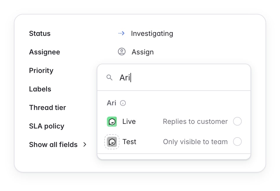 Choosing Live or Test for Ari in a thread's assignee picker