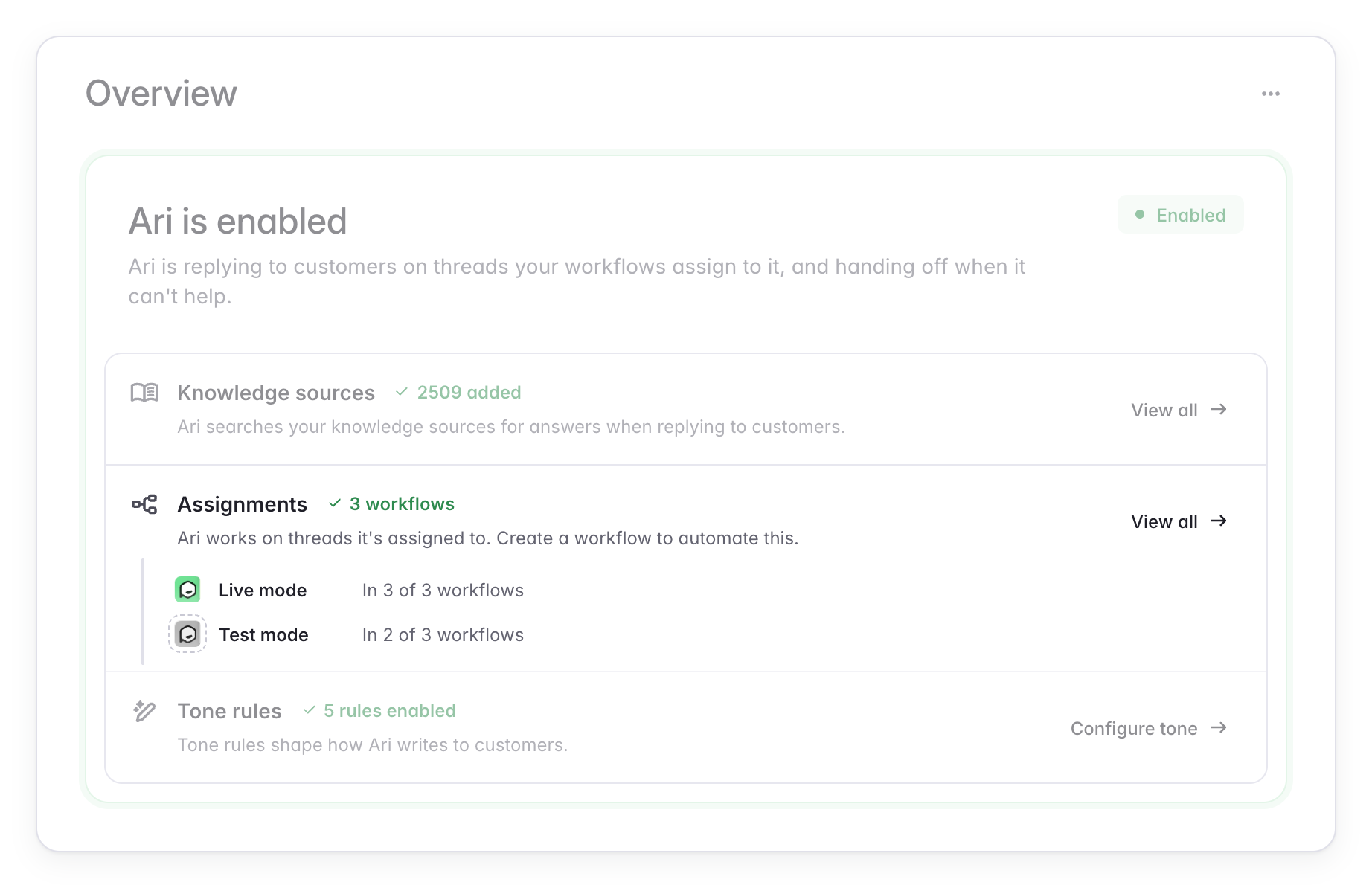 Live and test mode workflow counts on the Ari status card