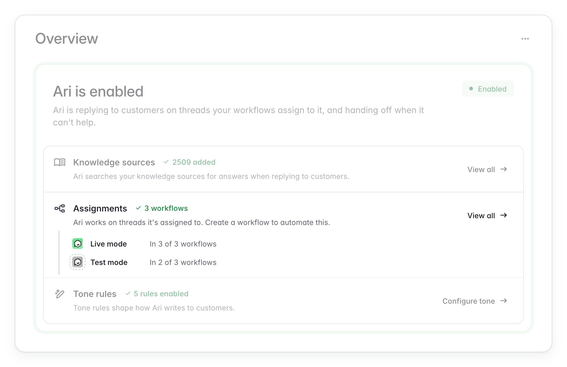 Live and test mode workflow counts on the Ari status card