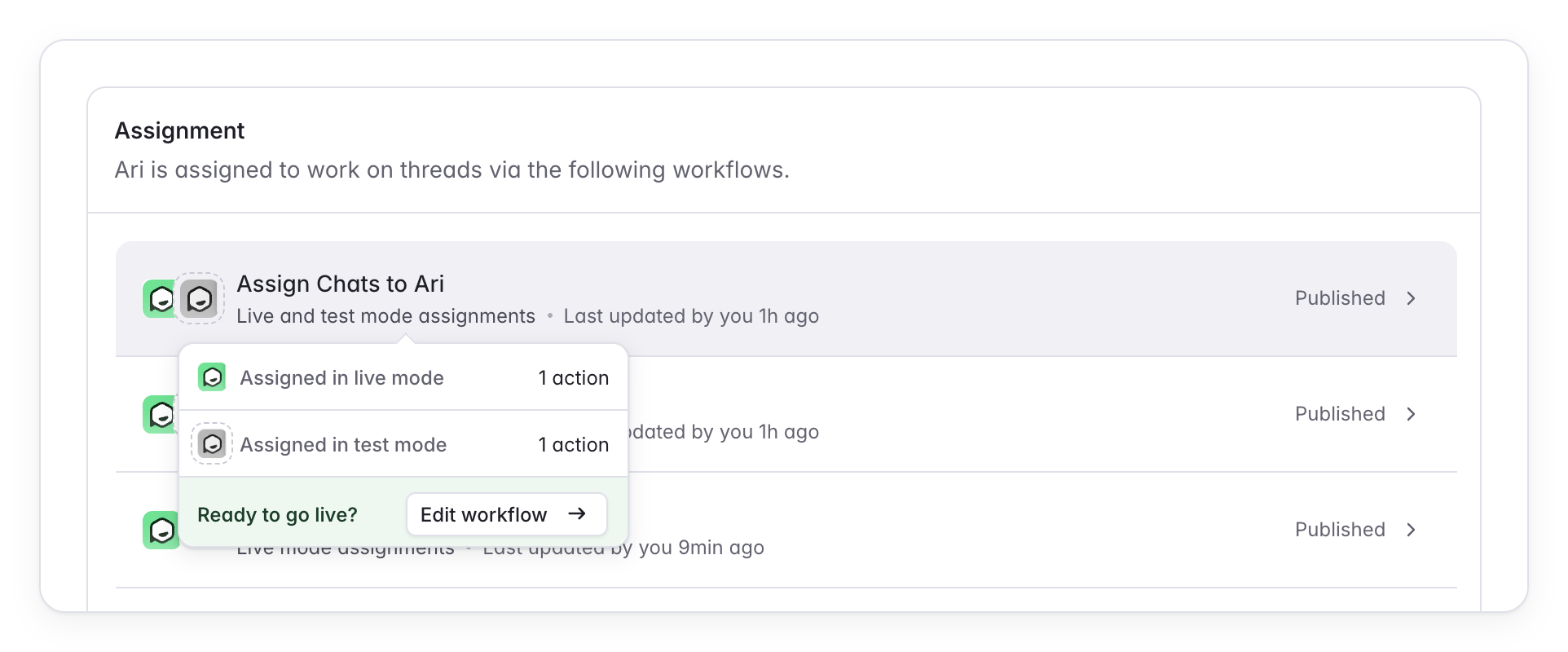 Live and test mode step counts when hovering a workflow on Ari preferences