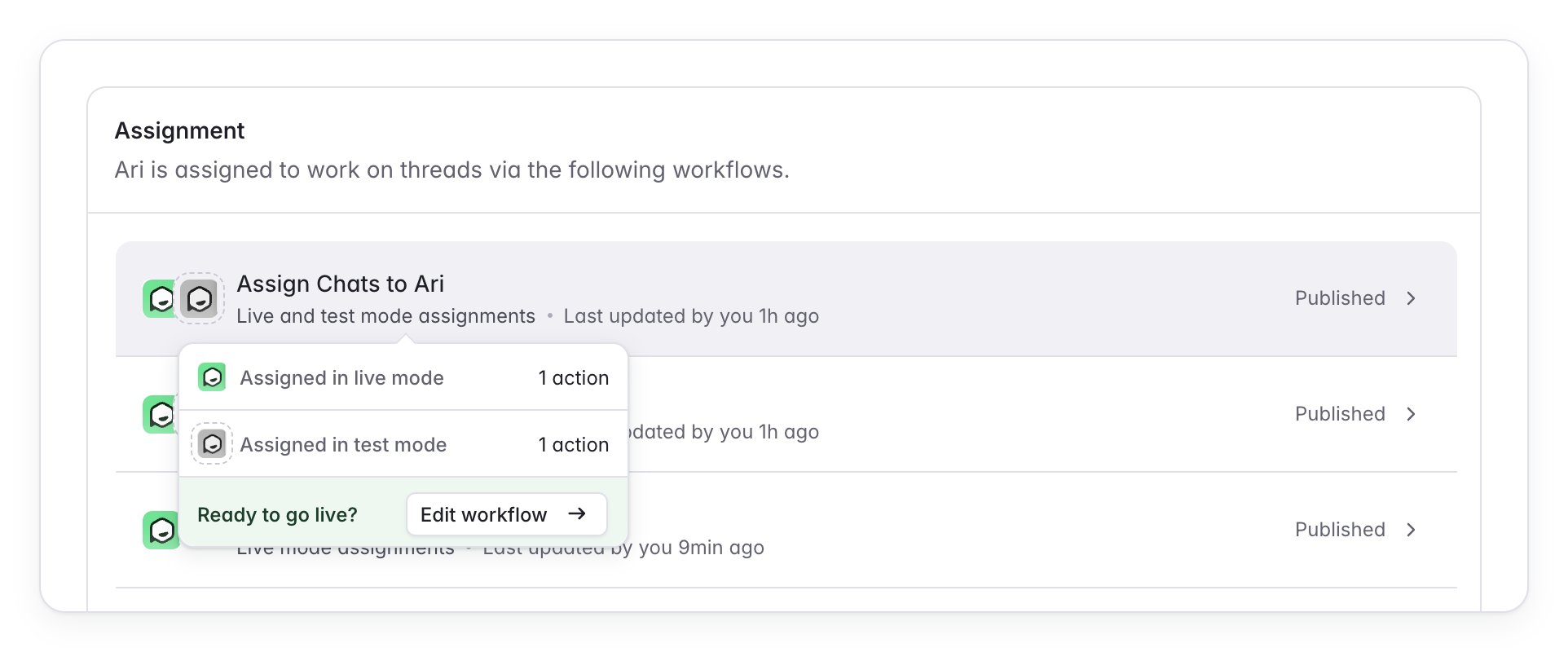 Live and test mode step counts when hovering a workflow on Ari preferences