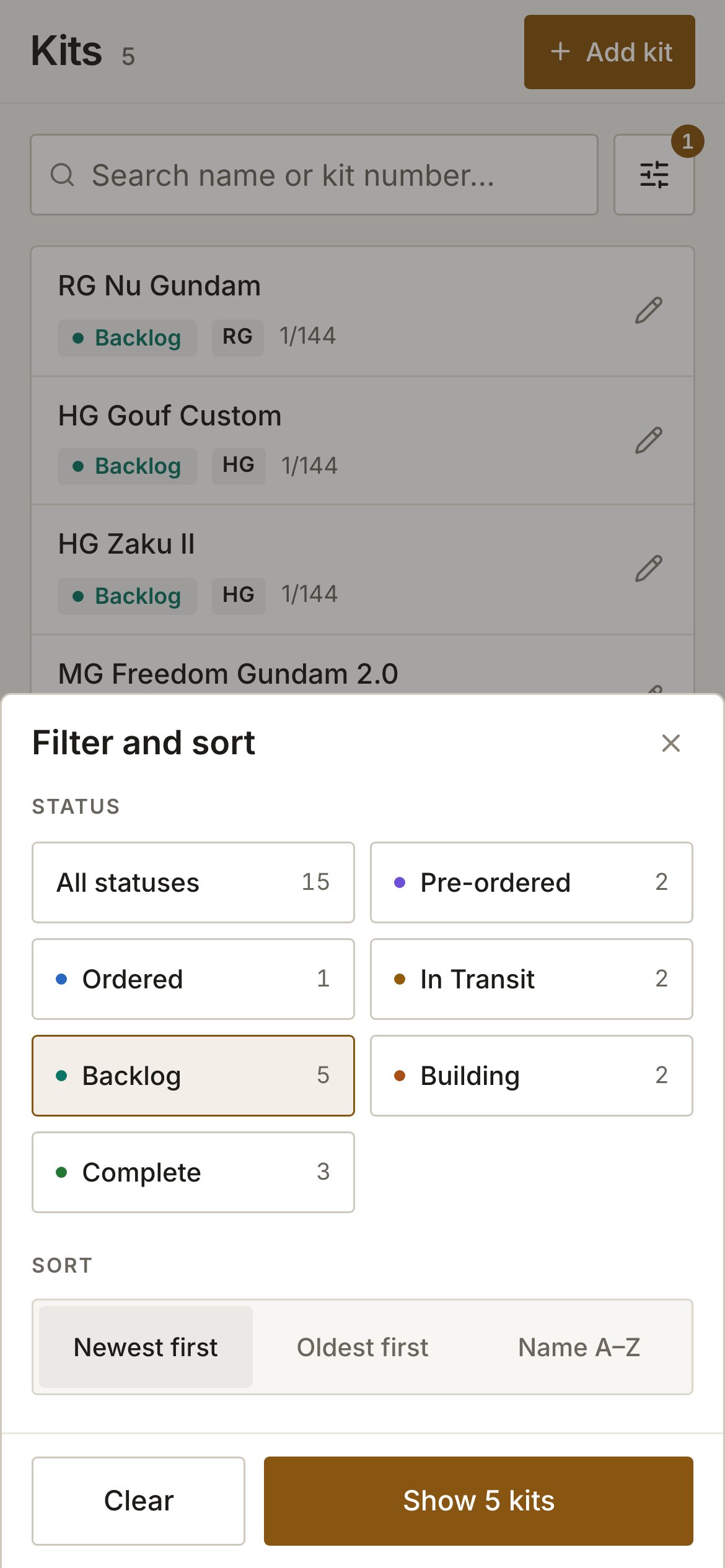 The Filter and sort sheet over the Kits list, with a button for each status and its count, three sort orders, and Clear and Show 5 kits at the foot.